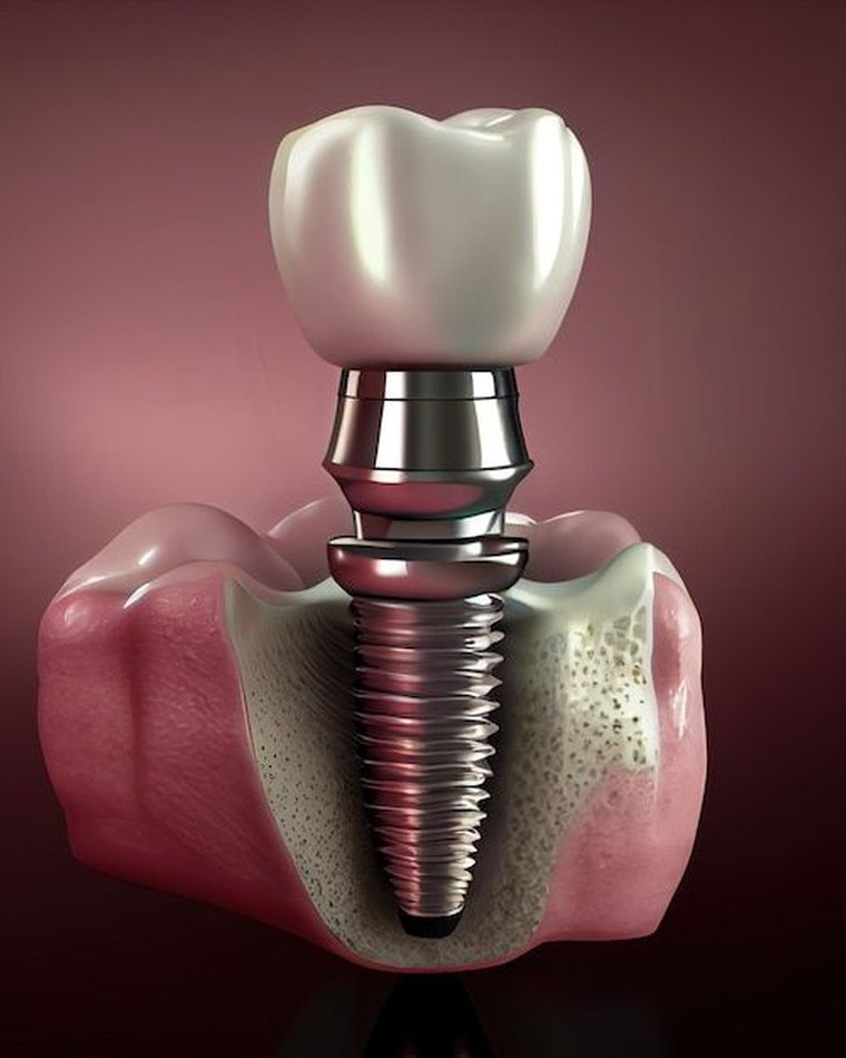 Ilustração 3D de um implante dentário: a coroa, o pilar e o pino de titânio fixado no osso da mandíbula